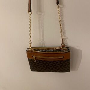 Brown and Tan Crossbody Bag with Gold Chain